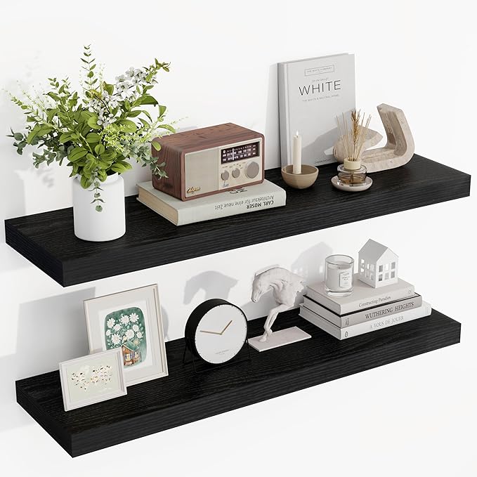 36 Inch Floating Shelves, 36"x9.25"x1.5" Inch Deep Floating Shelves for Wall, Wooden Shelves for Bathroom, Bedroom, Living Room, Black, 2 Pieces