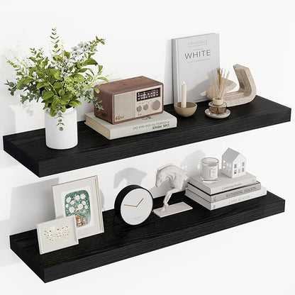 36 Inch Floating Shelves, 36"x9.25"x1.5" Inch Deep Floating Shelves for Wall, Wooden Shelves for Bathroom, Bedroom, Living Room, Black, 2 Pieces