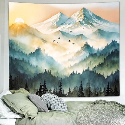Delur Mountain Tapestry Boho Misty Sunset Forest Tree Tapestry Wall Hanging Sunrise Nature Landscape Psychedelic Headboard for Bedroom Living Room Home Decor (51.2" x 59.1")