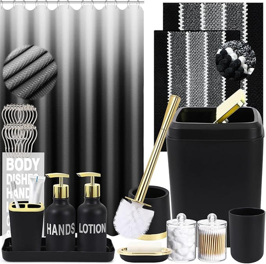 25PCS Black Bathroom Accessories Sets Complete, with Shower Curtain, Rugs, Trash Can and Toilet Brush, Soap Dispenser, Toothbrush Holder and Cup, Soap Dish, Qtip Holder, Bathroom Decor Sets