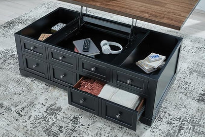 Signature Design by Ashley Wildenauer Farmhouse 2-Drawer Lift-Top Coffee Table with 2 Storage Bins Under Top and Casters, Light Brown & Black