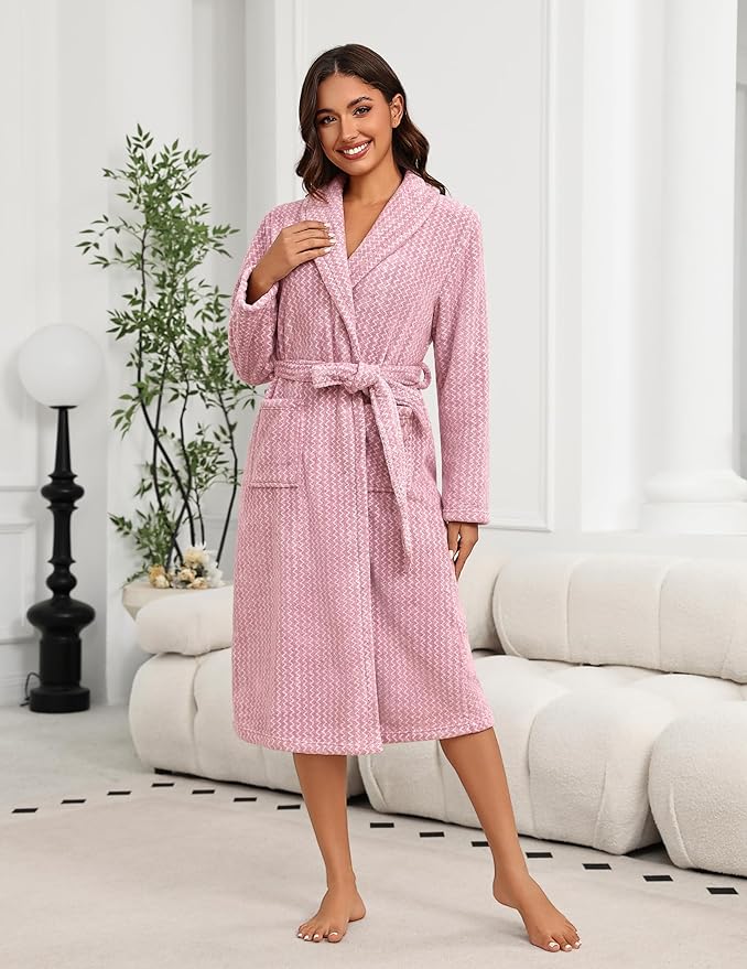 Ekouaer Women's Robe Plush Soft Long Bathrobe Cozy Warm Shawl Collar Spa Robe with Pockets