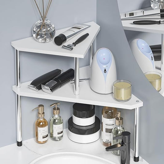 Weenson Bathroom Counter Organizer Over Sink for Toiletries Makeup, Kitchen Countertop Organizer Spice Rack for Salt, 2-Tier Corner Counter Shelf for Coffee Area Storage Dresser Table Bamboo