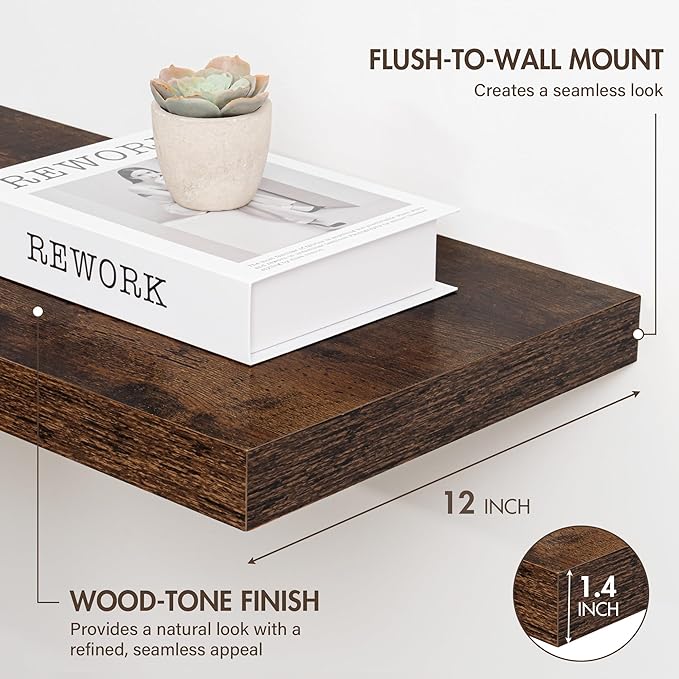 12 Inch Floating Shelves, 12" Deep Floating Shelf Wall Mounted, 12" Wall Shelves, Rustic Deep Bookshelf, Extra Deeper Display Shelves & Storage Shelves for Bedroom, Living Room, Set of 3
