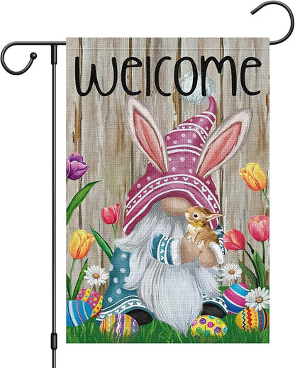 Welcome Easter Gnome Garden Flag 12x18 Double Sided Burlap, Funny Bunny Floral Small Yard Flag Banner for Holiday Farmhouse Outdoor Decor (ONLY FLAG)