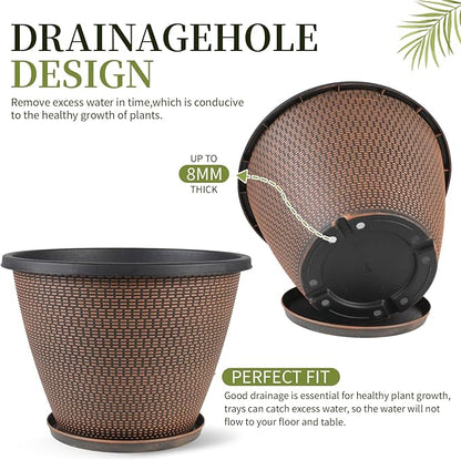 4 Pack 8 inch Plant Pot, Plastic Pots for Plants Indoor, Round Planters for Outdoor Plants with Drainage Holes & Trays, Decorative Flower Pots Garden Containers Sets for Houseplants (Black Copper)