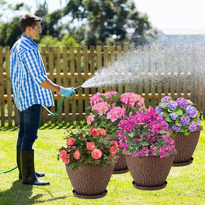 4 Pack 12 Inch Pots for Plants, Plastic Outdoor Flower Pots with Drainage Hole & Tray, Large Planters for Garden Porch Home Indoor Outdoor Decor - Pebbles Pattern Design Plant Pots