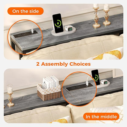 SUPERJARE Console Table with Outlet, 63 Inch Sofa Table with Charging Station, Narrow Hallway Entryway Table, Behind Couch Table Skinny for Entryway, Living Room, Plants, Charcoal Gray