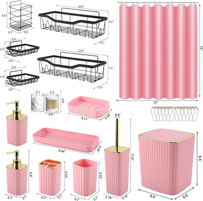 28PC Bathroom Set - Gorgeous Pink Bathroom Set, Bathroom Accessory Set, Pink Shower Curtain Set with 5PC Shower Caddy