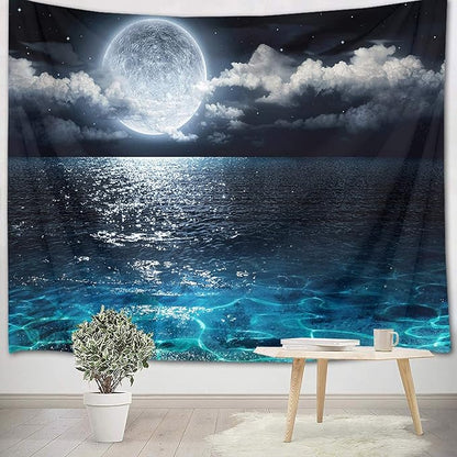 LB Night Sky Ocean Tapestry Full Moon on Sea Tapestry Wall Hanging Fantasy White Cloud Watercolor Wall Art for Bedroom Living Room Dorm Wall Decor, 59Wx51H inches