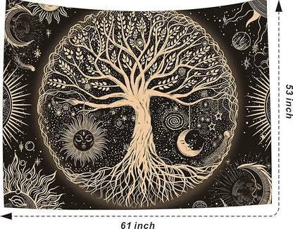 FORATER Tree of Life Tapestry Wall Hanging Sun Moon Stars Tapestries Aesthetic Galaxy Wall Tapestry Nature Home Decoration for Living Room Bedroom(53 x 61 Inch, Black and Gold)