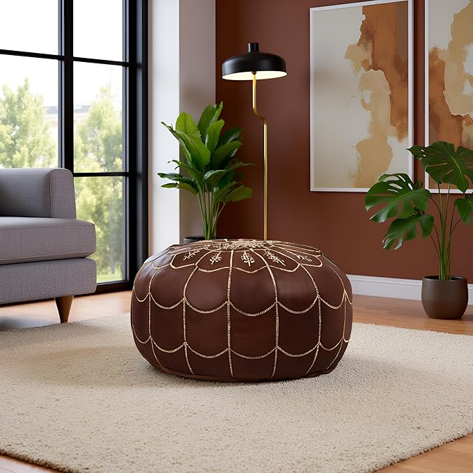 Stuffed Arch Design Moroccan Leather Pouf Ottoman, Handmade, Pre-Filled, 100% Genuine Leather, 14” Height x 22” Diameter – Boho Chic Footstool & Living Room Décor (Brown)