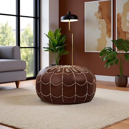 Stuffed Arch Design Moroccan Leather Pouf Ottoman, Handmade, Pre-Filled, 100% Genuine Leather, 14” Height x 22” Diameter – Boho Chic Footstool & Living Room Décor (Brown)