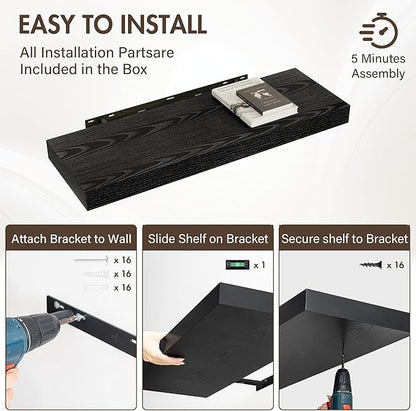 36 Inch Floating Shelves, 12" Deep Floating Shelf Wall Mounted, 36" Wall Shelves, Rustic Deep Bookshelf, Extra Deeper & Thicker Display Shelves for Bedroom, Living Room, Black, Set of 2