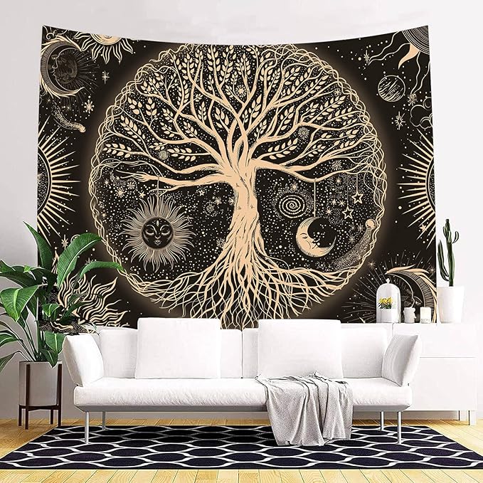 FORATER Tree of Life Tapestry Wall Hanging Sun Moon Stars Tapestries Aesthetic Galaxy Wall Tapestry Nature Home Decoration for Living Room Bedroom(36 x 48 Inch, Black and Gold)