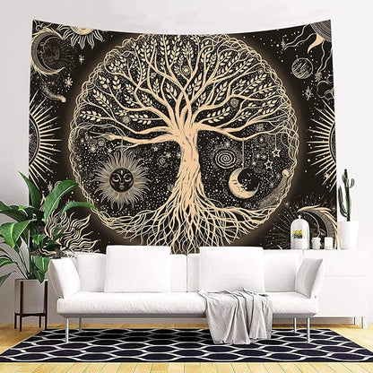 FORATER Tree of Life Tapestry Wall Hanging Sun Moon Stars Tapestries Aesthetic Galaxy Wall Tapestry Nature Home Decoration for Living Room Bedroom(36 x 48 Inch, Black and Gold)