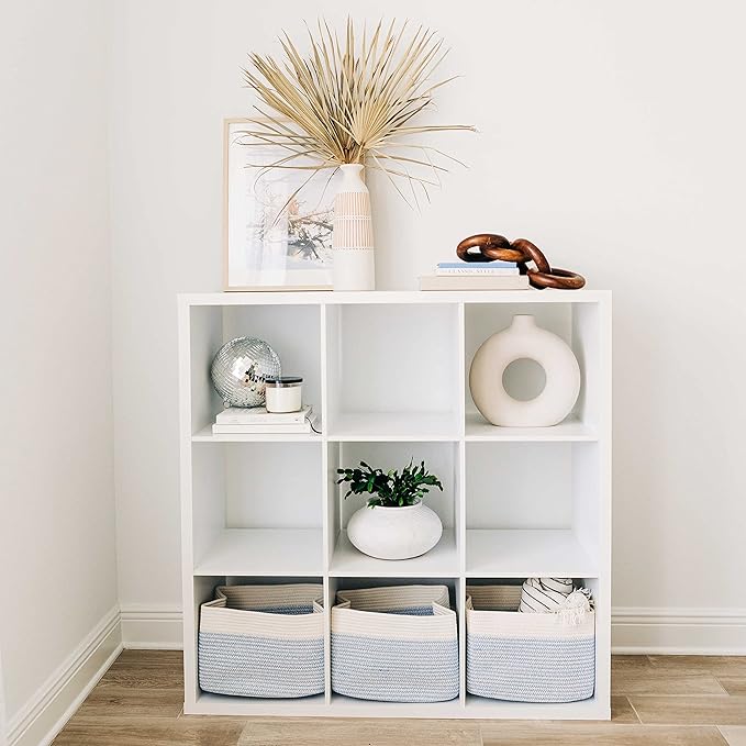 OrganiHaus Woven Storage Baskets for Organizing, Cotton Rope Organizer Bins for Shelves, Closet & Nursery, Dog Toy Basket, Decorative Bins for Toys, Towels & Books - 15x10x9, Blue/Off-White