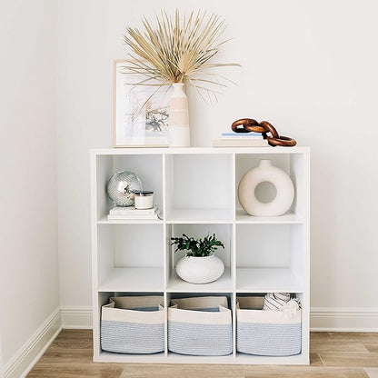 OrganiHaus Set of 3 Woven Storage Baskets for Organizing, Cotton Rope Organizer Bins for Shelves, Closet & Nursery, Dog Toy Basket, Decorative Bins for Toys, Towels & Books - 15x10x9, Blue/Off-White