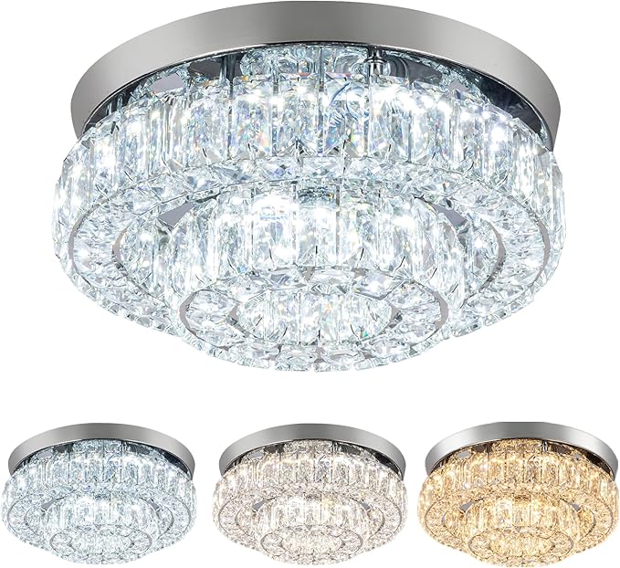 11.8" LED Chandelier 2-Layer Crystal Ceiling Light Fixture with Remote Control Flush Mount Chandelier Light for Hallway Bedroom Living Room Kitchen Foyer(dimmable)
