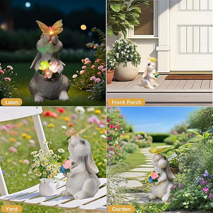Solar Bunny Statues Light for Garden - Color-Changing Rainbow LED Butterfly,Rabbit Figurine Decor Auto On/Off,Easter Gifts for Yard Balcony & Patio Ornaments (Colorful Light)