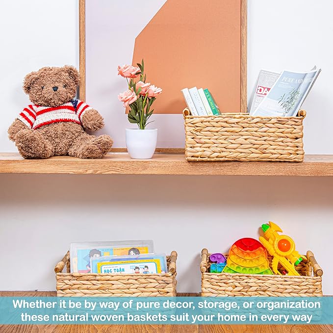 VATIMA Hyacinth Medium Wicker Basket 13.6x9.5x5.6" - With Handle, Living Room Decor, Rectangular Design