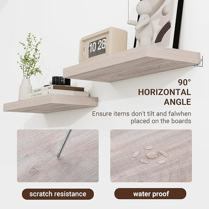 24 Inch Floating Shelves, 3D Textured Wood Grain, 24"x9.25"x1.5" Inch Deep Floating Shelves for Wall, Wooden Shelves for Bathroom, Bedroom, Living Room, Washed White, 2 Pieces