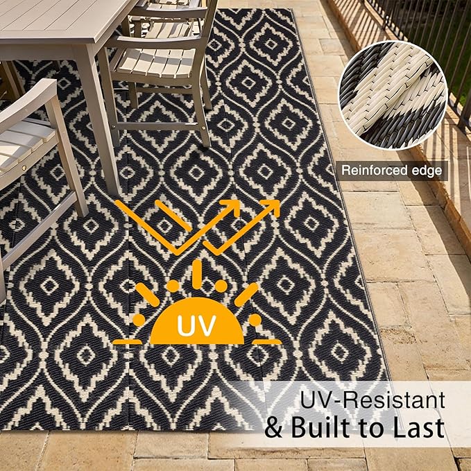 OLANLY Outdoor Rug 5x8 ft Waterproof, Outdoor Plastic Straw Rug with Geometric Pattern Clearance, Reversible RV Mat for Patio, Camping, Balcony, Deck, Backyard, Black & Beige