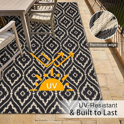 OLANLY Outdoor Rug 5x8 ft Waterproof, Outdoor Plastic Straw Rug with Geometric Pattern Clearance, Reversible RV Mat for Patio, Camping, Balcony, Deck, Backyard, Black & Beige