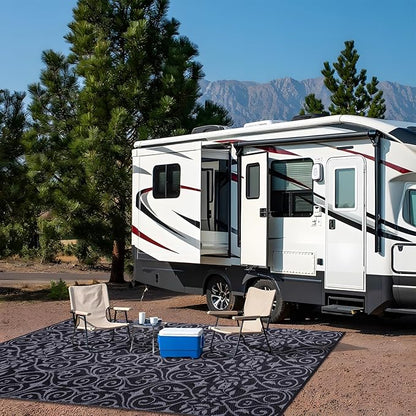 OLANLY Outdoor Rug Waterproof 8x10 ft Clearance, Reversible Outdoor Plastic Straw Rug with Floral Pattern, RV Mat for Patio, Camping, Balcony, Deck, Backyard, Black & Grey