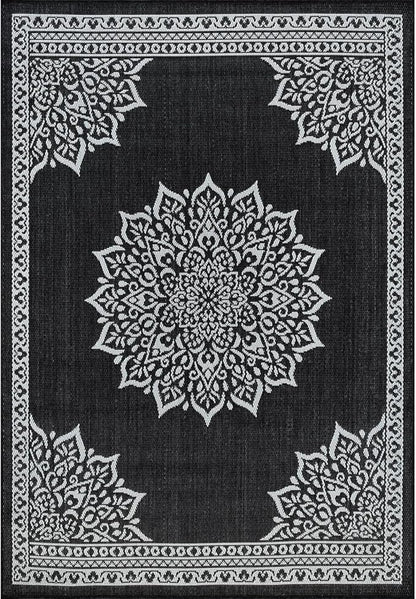 CAMILSON Outdoor Rug, 8x10 Medallion Black White Modern Area Rugs for Indoor and Outdoor Patios, Kitchen and Hallway Mats, Washable Porch Deck Outside Carpet (Medallion Black, 8 x 10)