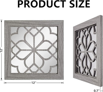 4pcs Farmhouse Wall Mirror with Carved Floral Design -Rustic Mirror Decor for Home, 12x12 inch(Brown)