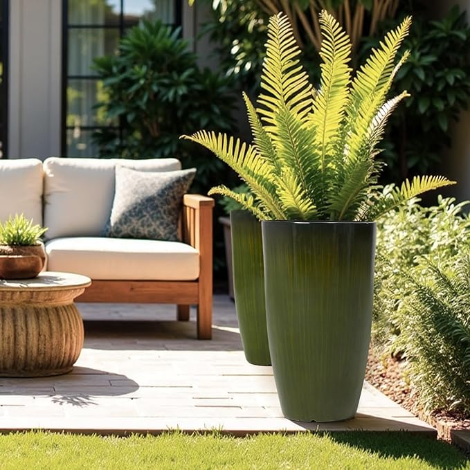 Worth Garden 23.5" H. Large Plastic Planters - Set of 2 Gradient Green Glossy Smooth Finish - Tall Plant Pots for Indoor & Outdoor Use - Decorative Lightweight Flower Pots for Front Porch, Patio, Deck