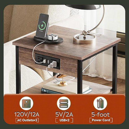 WLIVE Side Table with Charging Station and USB Ports, Small End Tables for Small Spaces, 3-Tier Nightstand with Adjustable Shelf, Bedside Tables, Living Room, Bedroom, Brown