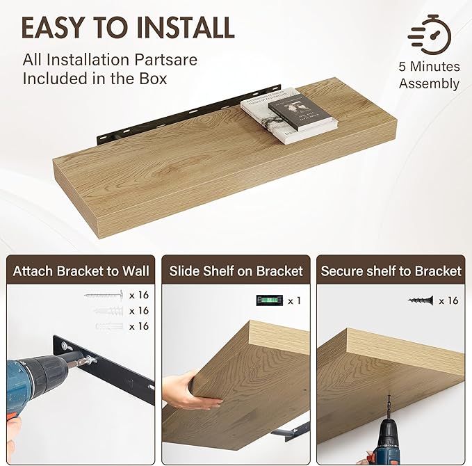 36 Inch Floating Shelves, 12" Deep Floating Shelf Wall Mounted, 36" Wall Shelves, Rustic Deep Bookshelf, Extra Deeper & Thicker Display Shelves for Bedroom, Living Room, Oak, Set of 2