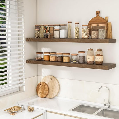 RICHFOCUS 55Inch Floating Shelves for Wall 2 Pack Shelves for Bedroom|Kitchen|Bathroom Wall Mounted Rustic Wood Floating Shelf with Invisible Brackets for Books|Storage|Decor, Walnut