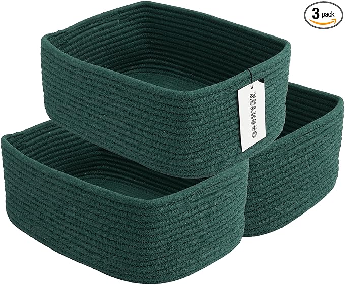 Small Woven Storage Baskets 13“X9”X5“ Decorative Rope Bins for Organizing Shelves, Closets, and Toys, Empty Gift Baskets, Cute Organizer Basket for Home and Office (dark green, Large)