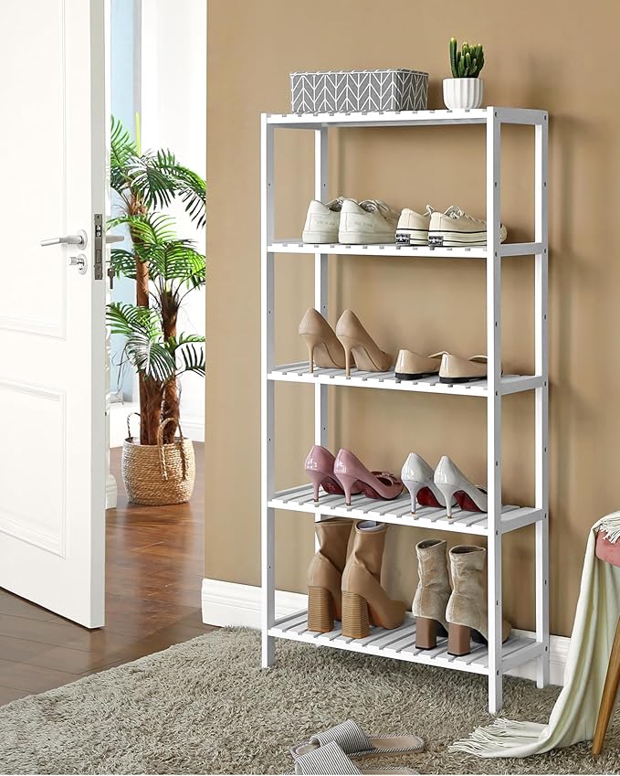 SONGMICS Bamboo Storage Shelf, 5-Tier Shelving Unit, Multifunctional, in The Entryway, Bathroom, Living Room, Balcony, Kitchen, 10.2 x 23.6 x 51.2 Inches, Cloud White UBCB35WT