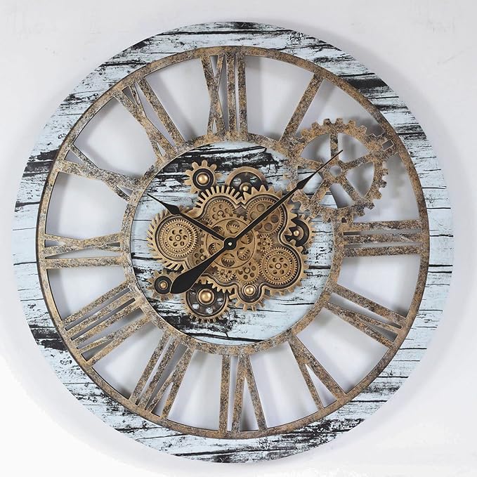 The Gears Clock 36'' Inch Real Moving Gear Wall Clock Vintage Industrial Oversized Rustic Farmhouse (Vintage Grey and White)
