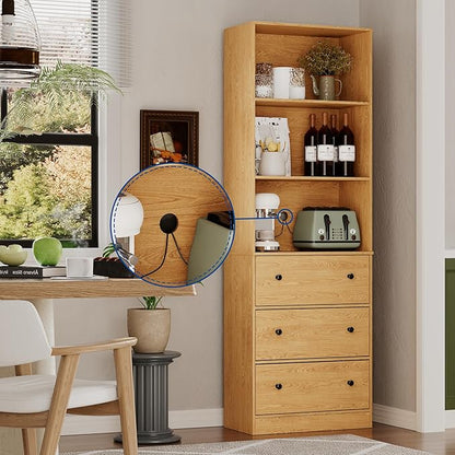 71" Tall Bookshelf with Storage, Bookcase with Drawers, Farmhouse Wooden Corner Book Shelves, Mid Century Modern Book Shelf Wall Standing Home Decor Furniture for Living Room, Bedroom, Office, Kitchen