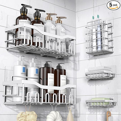5-Pack Rustproof Stainless Steel Shower Caddy – No Drill Adhesive Bathroom Organizer with Large Capacity, Spacious Shower Shelves for Inside Shower, Kitchen & Home Decor Storage-XL Size