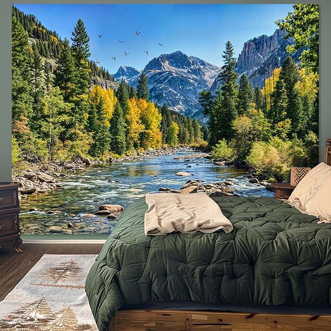 AMM Nature Forest Mountain Tapestry Green Pine Tree Tapestry for Bedroom Aesthetic Flowing River Landscape Tapestries Wall Hanging Bird Decor for Living Room Classroom Dorm Office