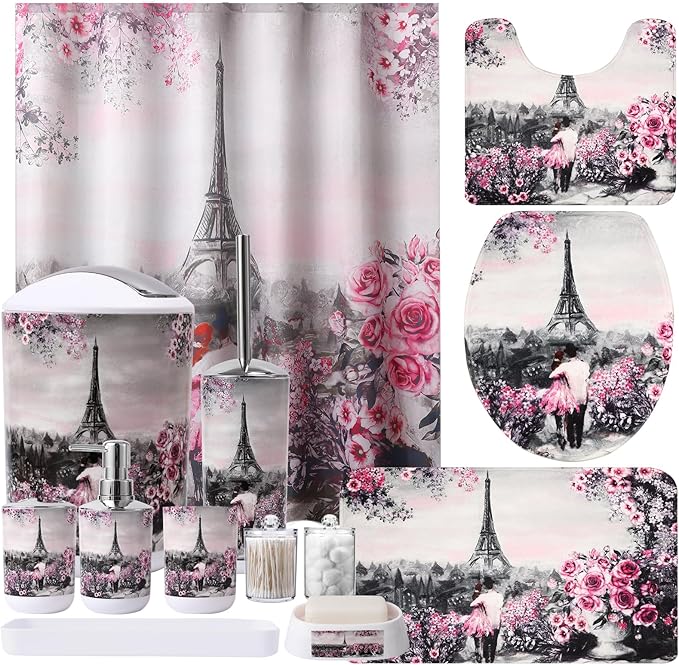 Bathroom Accessories Set with Shower Curtain Bath Rugs Pink Paris Bathroom Accessories with Trash Can, Shower Curtain Set,Bath Rugs for Home Decor