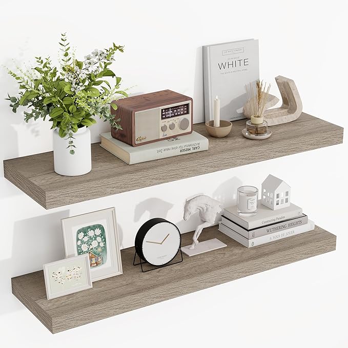 36 Inch Floating Shelves, 3D Textured Wood Grain, 36"x9.25"x1.5" Inch Deep Floating Shelves for Wall, Wooden Shelves for Bathroom, Bedroom, Living Room, Vintage Gray Oak, 2 Pieces