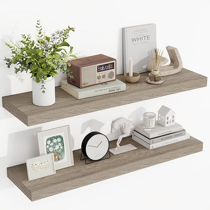 36 Inch Floating Shelves, 3D Textured Wood Grain, 36"x9.25"x1.5" Inch Deep Floating Shelves for Wall, Wooden Shelves for Bathroom, Bedroom, Living Room, Vintage Gray Oak, 2 Pieces