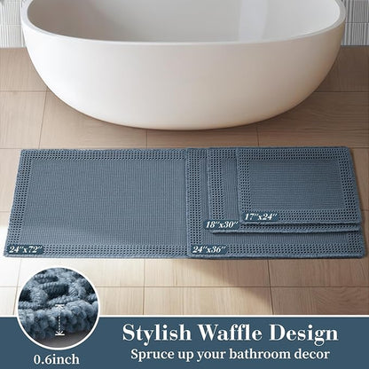 RESARE Waffle Bathroom Runner Rugs, Super Absorbent Bath Mat Non Slip Washable Quick Dry, Upgraded Ultra Soft Boho Bath Rugs with Tassels for Hallway Bedroom Laundry Room, 2'x4'(24"x48"), Blue
