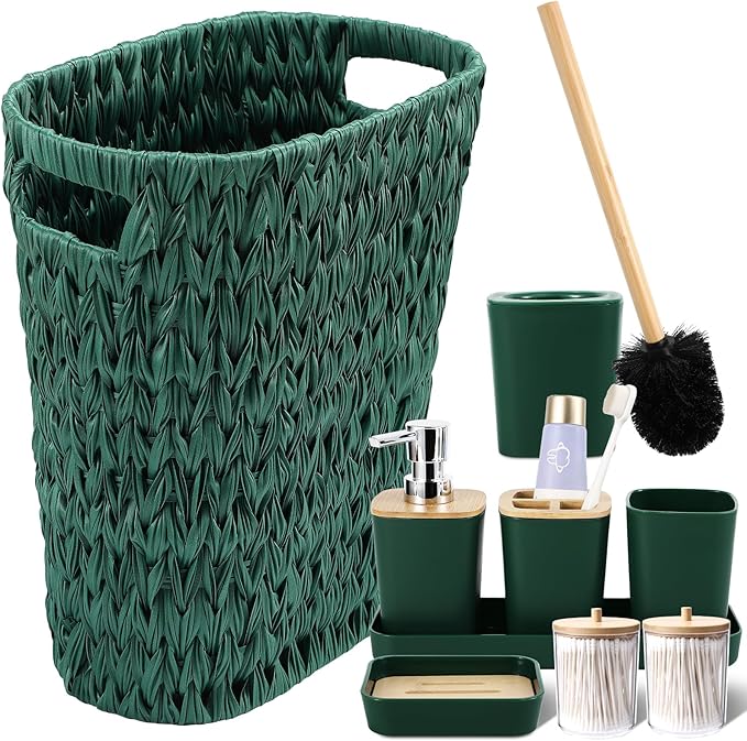Dark Green Bathroom Accessories Set with Wicker Trash Can, Dark Green Bathroom Accessories Set Bathroom Sets Small Waste Basket Bathroom Trash Can for Bedroom Bathroom