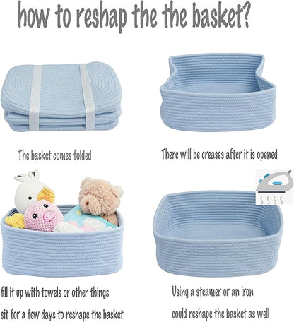 Small Woven Storage Baskets 13“X9”X5“ Decorative Rope Bins for Organizing Shelves, Closets, and Toys, Empty Gift Baskets, Cute Organizer Basket for Home and Office (blue, Large)
