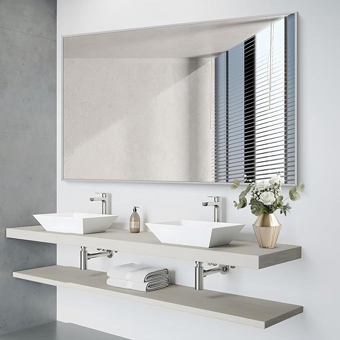 36x55 inch Bathroom Mirror, Silver Rectangle Mirror with Thin Metal Frame, Large Rectangular Wall Mirrors for Bathroom, Living Room, Big Mirror Hang Horizontal/Vertical