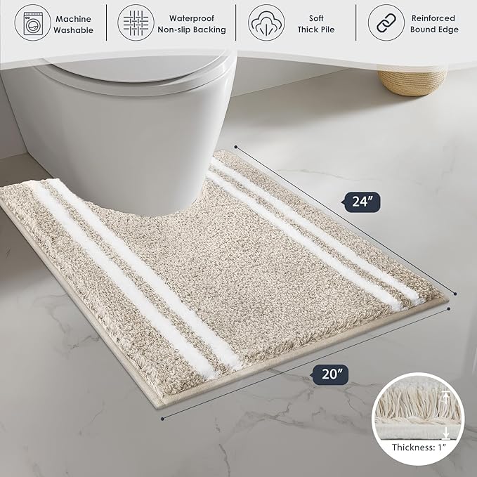 PURRUGS Bathroom Rug Non-Slip Machine Washable 20" x 24" U-Shaped, Super Absorbent and Quick Dry Shaggy Microfiber Bath Mat, Extra Soft and Plush Contour Rug for Toilet Base, Beige