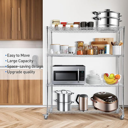 Rengue Wire Shelving with Wheels, 60"x 24"x72" Metal Storage Shelves, 4-Tier Heavy Duty Garage Storage Shelves, Chrome 2400LBS Capacity Wire Shelf Rack for Restaurant, Garage, Pantry, Kitchen